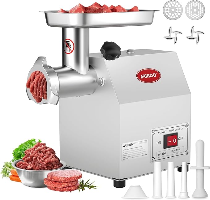 Electric Meat Grinder #8, 0.6 HP Heavy Duty Stainless Steel Meat Mincer, 1500W Max, Includes 2 Blades, 2 Plates & 3 Sausage Stuffing Tubes, Meat Grinder for Home Kitchen & Restaurant Use