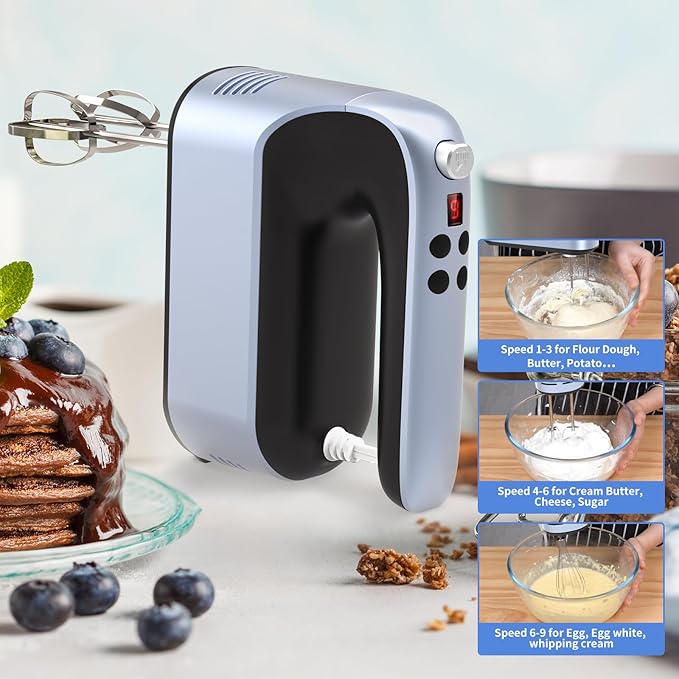 9-Speed Digital Hand Mixer Electric, 400W Powerful DC Motor, Baking Mixer Handheld with Snap-On Storage Case, 5 Stainless Steel Accessories, Flat Beaters, Dough Hooks, Whisk (Ocean Blue)