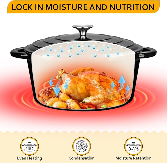 Velaze 7.5 QT Dutch Oven Pot with Lid, Enameled Cast Iron Dutch Oven with Dual Handles for Sourdough Bread Baking, Cooking, Non-stick Enamel Coated Cookware (Black)