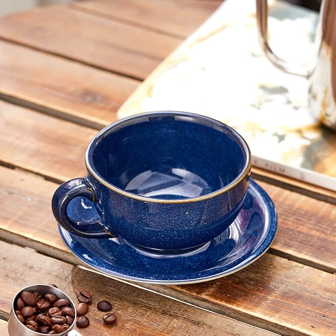 Vintage Design 12 oz Ceramic Latte Art Cappuccino Barista Cup with Saucer (Dark Blue)