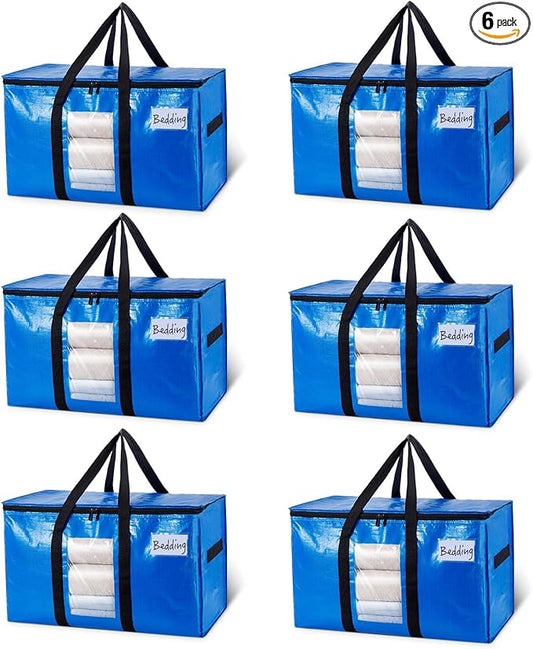 TAILI Extra Large Moving Bags, 6 Pack Blue Heavy Duty Totes for Storage with Visible Window, Wrap Around Handles, Storage Bags for Space Saving, Alternative to Moving Boxes
