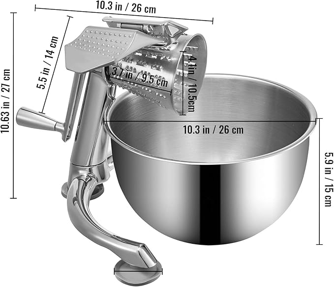 VEVOR Rotary Cheese Grater, Zinc Alloy Rotary Vegetable Mandoline, Manual Cheese Mandoline w/ 5 Stainless Steel Cutting Cones, Manual Vegetable Grater w/ 2.5L Bowl, Rotary Shredder w/Suction Base