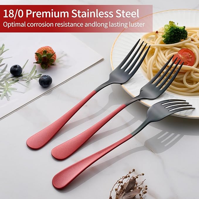 Black and Red Dinner Fork, 18/0 Red handle Stainless Steel Satin Finish 8.1-inch Silverware Flatware Fork Set, Set of 24, Dishwasher Safe