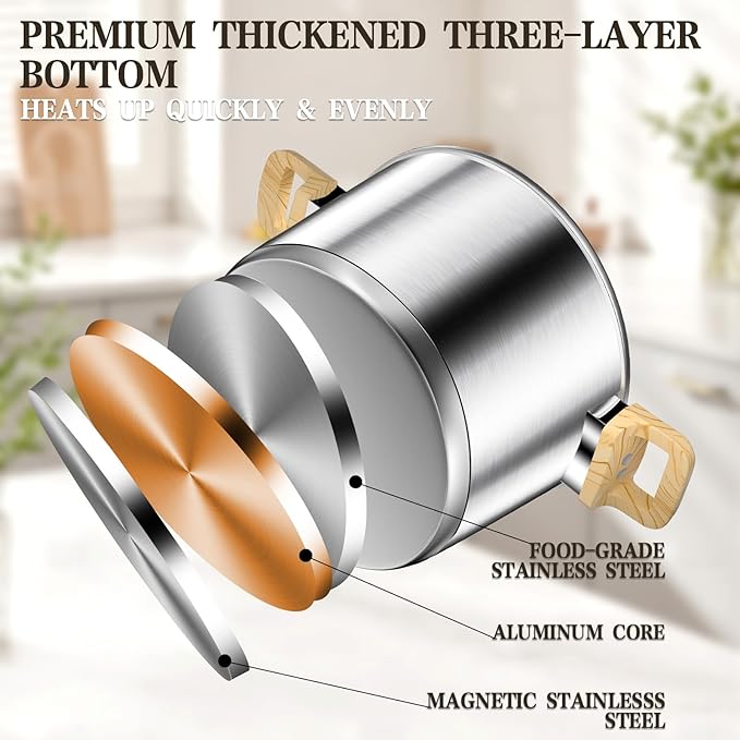 13-Piece Stainless Steel Cookware Set with Nonstick Frying Pans, Sauce Pots & Stock Pot, Heavy Duty Pots and Pans Set, Wooden Handles & Triple Layer Bottom, Induction Cookware, Easy to Clean