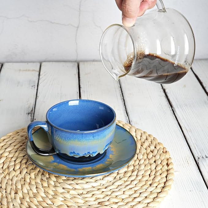 Bosmarlin Ceramic Cappuccino Cup and Saucer Set of 2, 10 Oz, Dishwasher and Microwave Safe, Coffee Cups for Latte, Espresso, Tea, Reavtive Glaze (Blue, 10 oz)