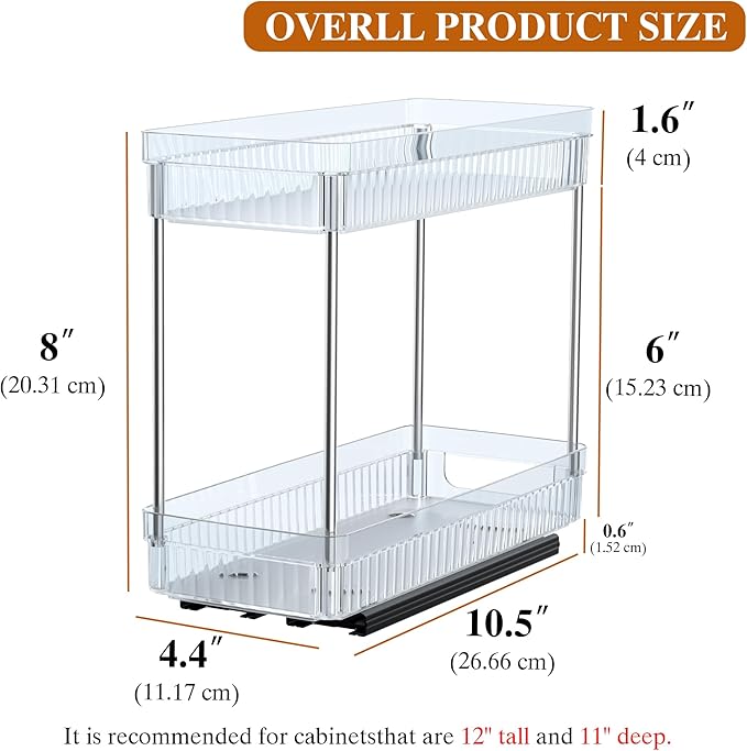 2 Pack Pull Out Spice Rack Organizer for Cabinet, 2 Tier Slide Out Spice Racks Organizer, Spice Cabinet Organizers, Cabinet Size Need:12'' High x 11'' Deep x 5'' Wide, Clear Acrylic