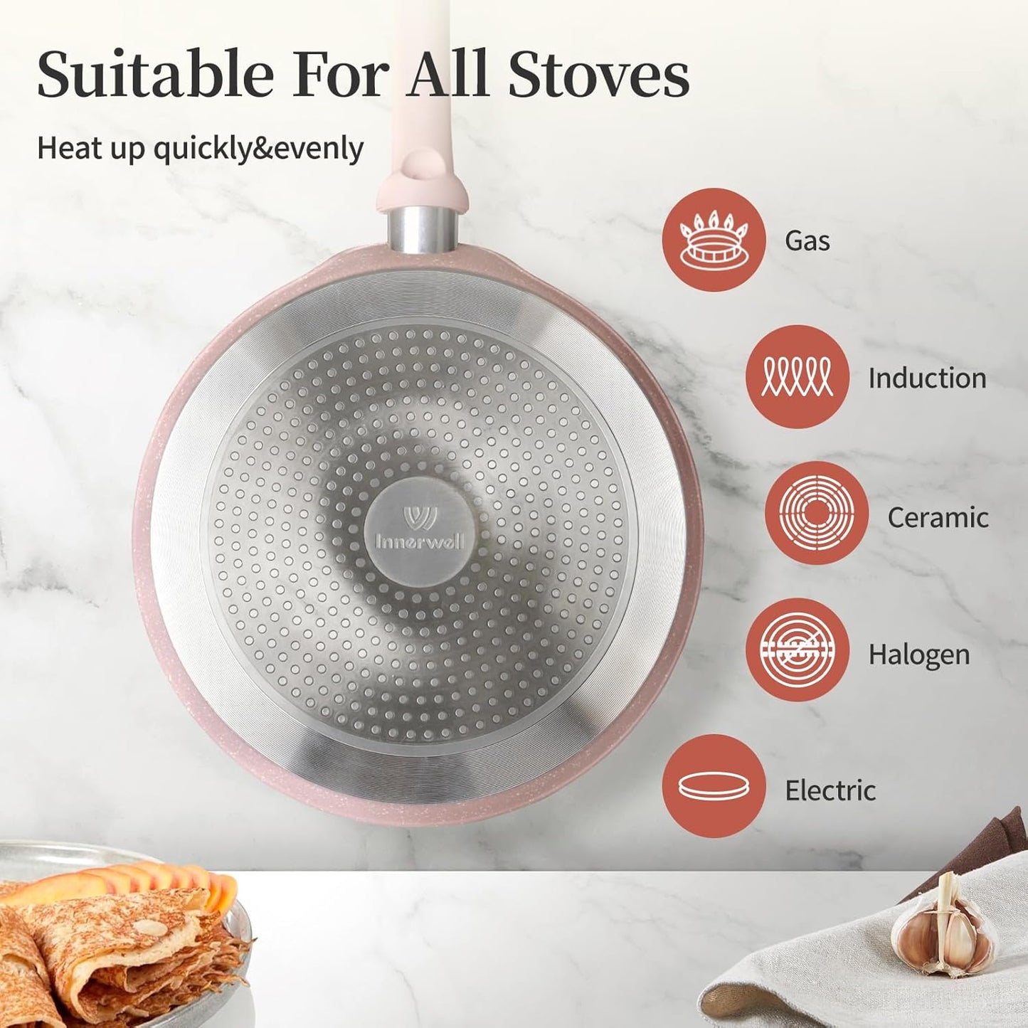 Nonstick Crepe Pan, Granite Coating Flat Skillet Dosa Tawa Tortilla Pan, 10 inch Pink Pancake Griddle Roti Pan With Stay-Cool Handle, Induction Compatible, PFOA Free