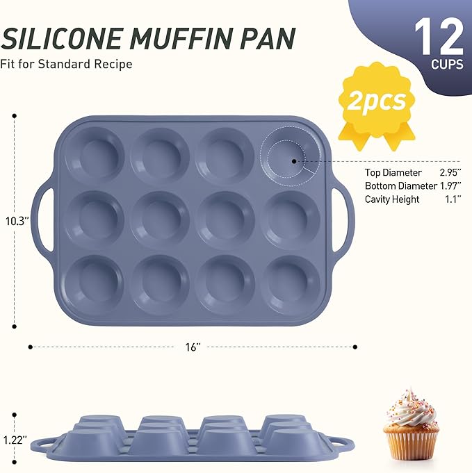 2 Packs 12 Cups Silicone Muffin Pan with Metal Reinforced Frame Regular Size Cupcake Pan Tray Egg Bites Silicone Circle Cookie Molds Muffin Tin Bread Loaf Pans for Homemade Reusable Tart Pans