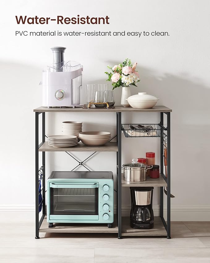 VASAGLE ALINRU Kitchen Baker’s Rack, Coffee Bar, Microwave Oven Stand, with Steel Frame, Wire Basket, 6 Hooks, for Mini Oven, Spices Utensils, Industrial, Greige and Black UKKS090B02