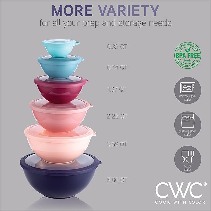 COOK WITH COLOR Mixing Bowls with TPR Lids - 12 Piece Plastic Nesting Bowls Set includes 6 Prep Bowls and 6 Lids, Microwave Safe Mixing Bowl Set (Multicolored Set with Large Blue Bowl)