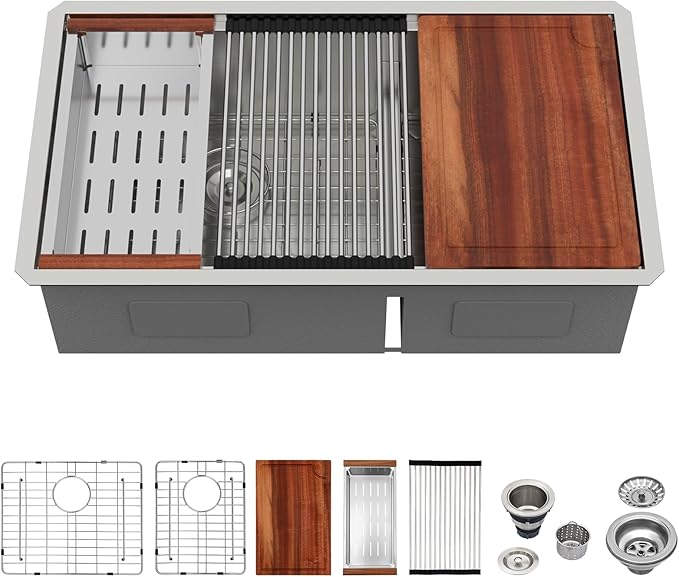Logmey 33 Inch Double Bowl Undermount Kitchen Sink - 33x19 Workstations Low Divide 60/40 Kitchen Sink 16 Gauge Stainless Steel Sinks 33x19x9 Inches 60 40