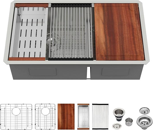 Logmey 33 Inch Double Bowl Undermount Kitchen Sink - 33x19 Workstations Low Divide 60/40 Kitchen Sink 16 Gauge Stainless Steel Sinks 33x19x9 Inches 60 40