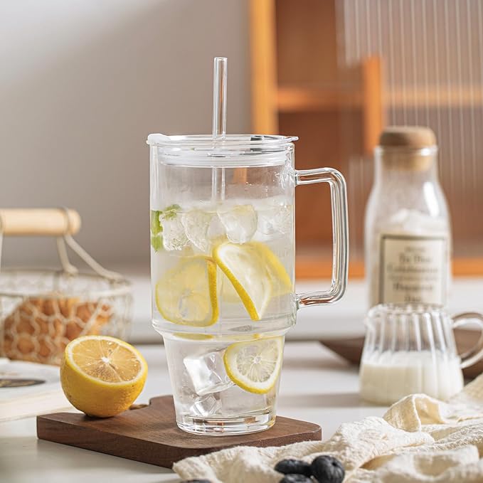 KEMORELA Glass Cups with Lids and Straws 2PCS, 24oz Clear Tumblers with Handle, Reusable Drinking Glasses for Iced Coffee, Tea, Water, Leak Proof Lid, Dishwasher Safe