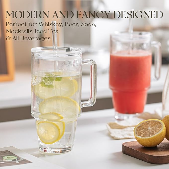 KEMORELA Glass Cups with Lids and Straws 2PCS, 24oz Clear Tumblers with Handle, Reusable Drinking Glasses for Iced Coffee, Tea, Water, Leak Proof Lid, Dishwasher Safe