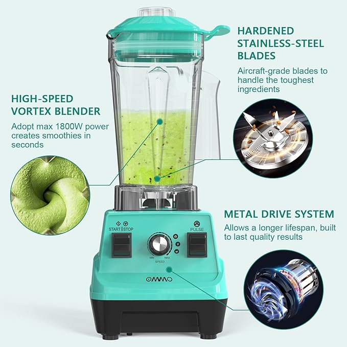OMMO Blender 1800W, Professional High Speed Countertop Blender with Durable Stainless Steel Blades, 60oz BPA Free Blender for Shakes and Smoothies, Nuts, Ice and Fruits, Dishwasher Safe