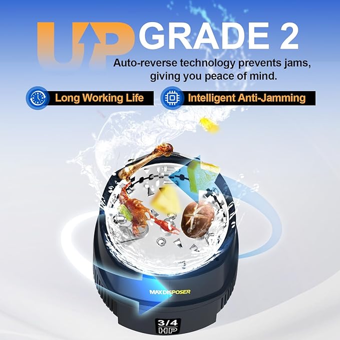 Small Garbage Disposal 3/4 HP for Kitchen sink Quiet with Power Cord, Continuous Feed Food Waste Disposer Stainless Steel Grind 0.75 Horsepower, Easy to install