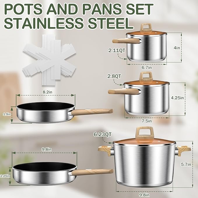 Stainless Steel Cookware Set 13pcs, Pots and Pans Set, Induction Cookware, Kitchen Cooking Set, Heavy Duty, Triple-bonded base, Dishwasher Safe
