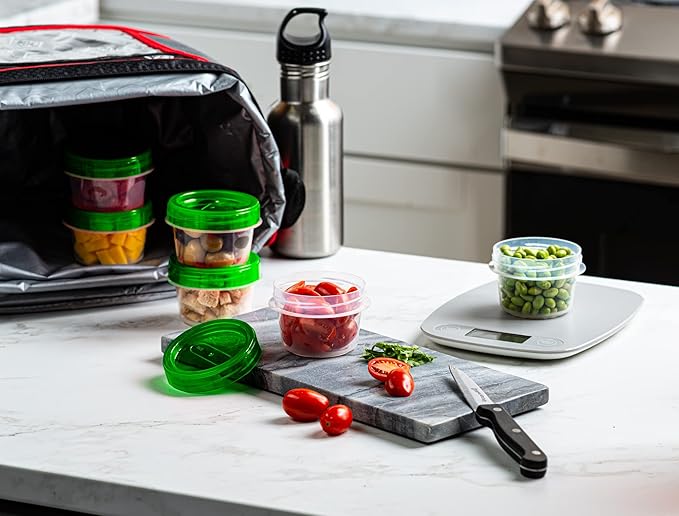 (4 Ounce 10 Pack) Twist cap Containers Clear Bottom With Green Top Screw on Lids Twist Top Food Storage Freezer Containers