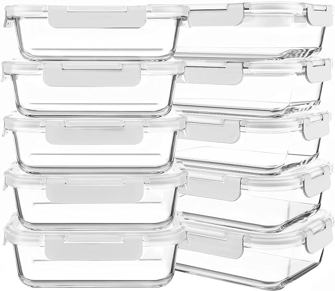 KOMUEE 10 Packs 30 oz Glass Meal Prep Containers,Glass Food Storage Containers with Lids,Airtight Lunch Bento Boxes,Microwave, Oven, Freezer and Dishwasher,White