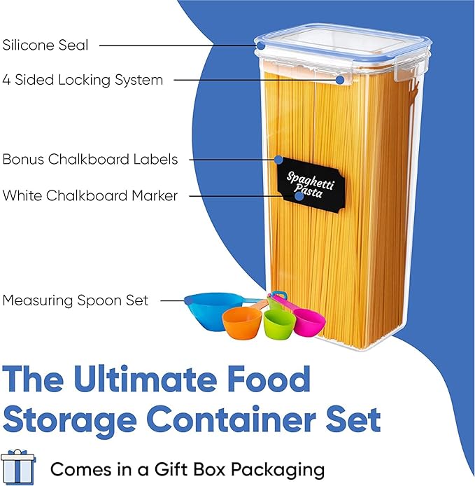 Airtight Food Storage Containers Set with Lids For Kitchen Organization 14 Pack - BPA Free Food Canisters With Labels, Marker & Spoon Set For Pantry Organization And Storage - Royal Blue