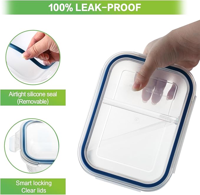 HOMBERKING 10 Pack 24oz Glass Meal Prep Containers 2 Compartment, Food Storage Containers with Lids, Airtight Glass Lunch Bento Boxes, BPA-Free & Leak Proof (10 lids & 10 Containers) - Deep Blue