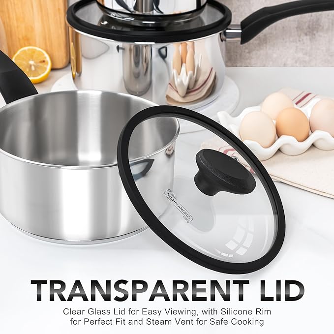 MICHELANGELO Stainless Steel Saucepan with Lid 1QT & 2QT & 3QT, Triply Stainless Steel Saucepans with Bakelite Handle, Premium Nonstick Sauce Pot Set for Kitchen Cooking, Induction Compatible