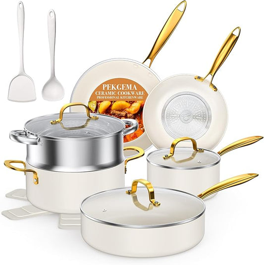PekGema Ceramic Cookware Set 15-Pieces, Pots and Pans Set Non Stick, Oven Safe Non Toxic, Kitchen Cookware Set, PFOA PTFE FREE, Gold White