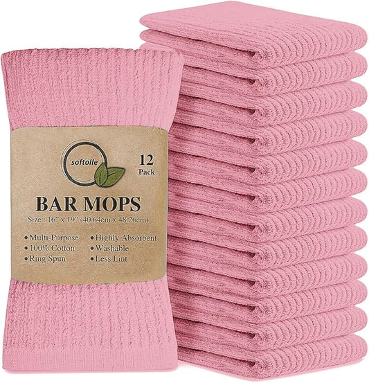 Softolle Bar Mop Towels, Pack of 12-16x19 Inches - 100% Cotton Super Absorbent Towels, Multi-Purpose for Home and Bar Cleaning (Pink)