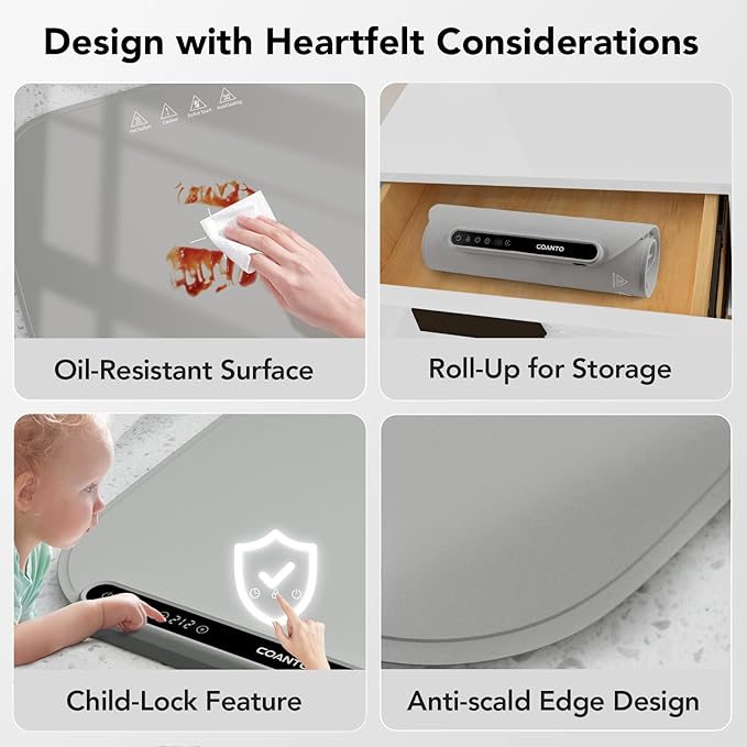 Coanto Food Warming Mat, Electric Warming Tray for Buffets & Parties, Silicone Heating Mat with 7 Temperature Settings, Roll-Up Storage, 17.91"x12.8", Light Grey