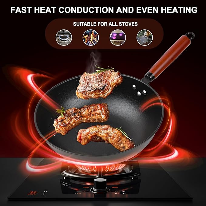 13" Nonstick Wok - Wok Pan with Glass Cover, Carbon Steel Woks & Stir-Fry Pans: Flat Bottom Chinese woks for Electric, Induction, Gas, All Stoves