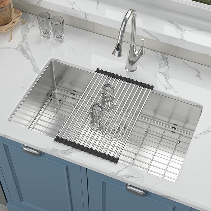 33 Inch Undermount Kitchen Sink 33x19 Stainless Steel 16 Gauge Single Bowl Kitchen Sink with Round Corners Under Mount 33x19x9 Inch