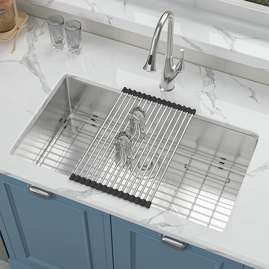 33 Inch Undermount Kitchen Sink 33x19 Stainless Steel 16 Gauge Single Bowl Kitchen Sink with Round Corners Under Mount 33x19x9 Inch