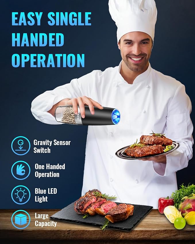 Gravity Electric Pepper/Salt Grinder, Salt or Pepper Mill & Adjustable Coarseness, Battery Powered with LED Light, One Hand Automatic Operation - Single/Black