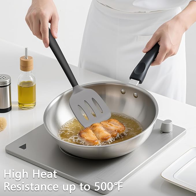 Coukre 3 Pack Silicone Spatula Set, High Heat Resistant, BPA-Free, Fish Spatula, Solid & Slotted Turner for Non-Stick Pans, Flipping Eggs, Pancakes, Fish, Burgers (3, GrayBlack)