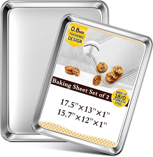 Baking Sheet Set of 2, Commercial Grade Stainless Steel Cookie Sheets for Baking, 17.5''x13'' / 15.7''x12'', Thicker and Firmer Baking Pans Set, Rust & Warp Resistant & Nonstick, Nontoxic & Heavy Duty
