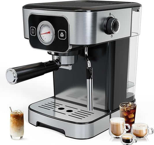 Espresso Machine 20 Bar with Steam Milk Frother, Stainless Steel Coffee Machine with Removable Water Tank for Cappuccino,Latte, Compact Stainless Steel Coffee maker for home,Great Gift