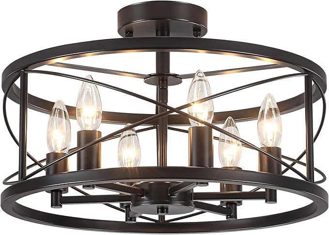6-Light Black Semi Flush Mount Ceiling Light, 16.54'' Modern Farmhouse Close to Ceiling Light Fixtures, Ceiling Lamp for Hallway Entryway Kitchen Dining Room Living Room Bedroom Lights, UL Listed
