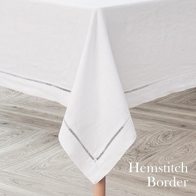 Linen World Hemstitch Linen Tablecloth, French Linen White Tablecloth 108" x 60" Inch, Washable Rectangular Table Cloth for Dining, Outdoor, Weddings and Restaurants, Decorative Valentine Easter