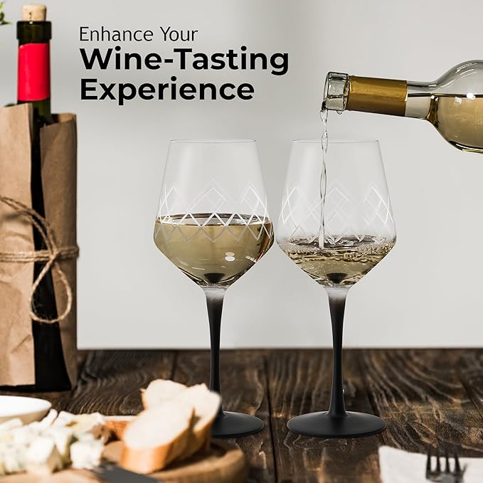 MIAMIO Premium Crystal Wine Glasses, Set of 4 with Black Long Stem, Unique Crystaluna Collection