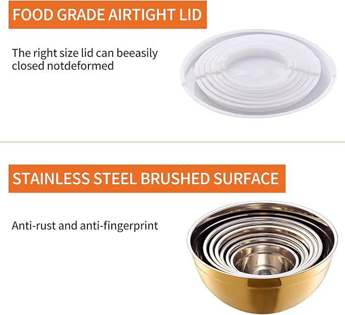 Gold Mixing Bowls with Airtight Lids, Stainless Steel Nesting Mixing Bowls Set of 7, Ideal for Baking, Prepping and Serving Food, Size 7, 3.6, 2.7, 2.1, 1.5, 1.1,0.8 QT, Stackable Design