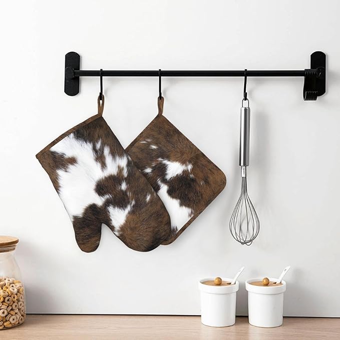Cow Print Oven Mitts and Pot Holders Set of 4 Silicone Brown Cowhide Kitchen Mitten Gloves and Non-Slip Brown White Cow Print Potholders Set Heat Resistant Oven Gloves Hot Holders for BBQ