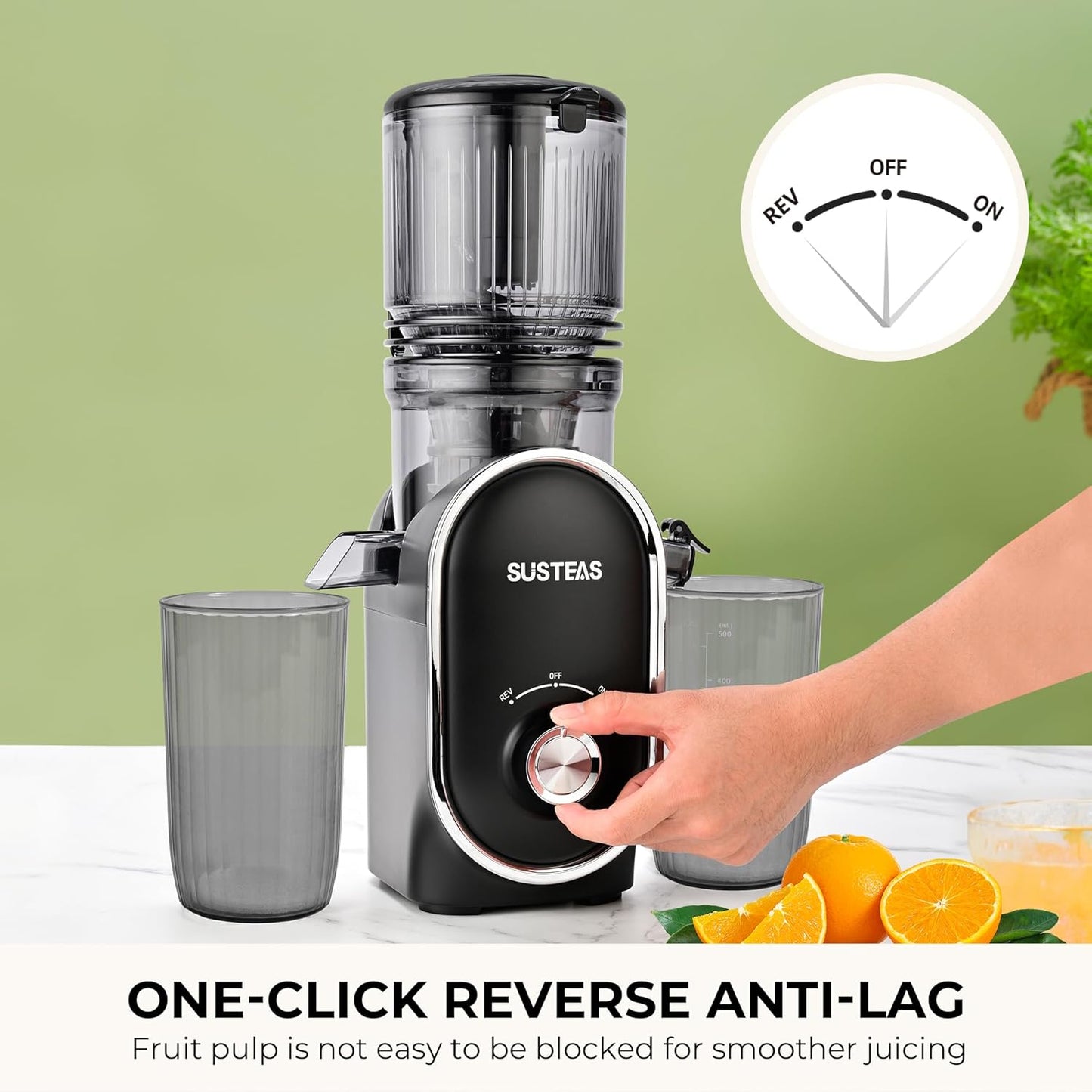 SUSTEAS Cold Press Juicer, 300W, 5.3" Large Feed Chute, 1.5L Capacity, Automatic Feeding, High Yield, Easy to Clean, Ideal for Whole Fruits & Vegetables, Black