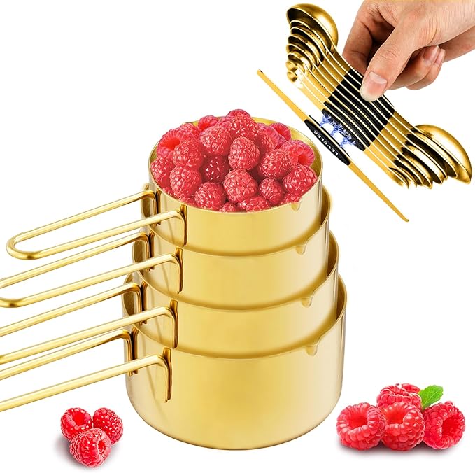 13pcs Gold Stainless Steel Measuring Cups and Spoons Set, Including 8 Double-Sided Magnetic Measuring Spoons Set & 1 Leveler, 4 Metal Measuring Cups, Kitchen Accessroies for Cooking & Baking