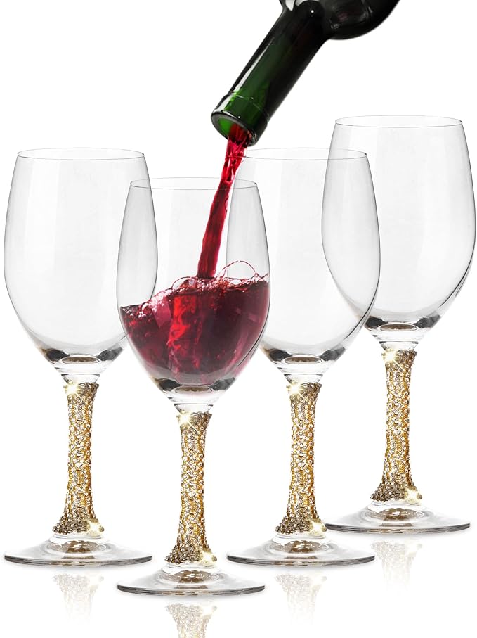 Premium Wine Glasses Set of 4 - Crystal Long Stem Wine Glass with Gold Rhinestone Stem Design - 12 oz