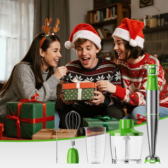 Immersion Blender Handheld Corded Hand Blenders Set 1100W, Trigger Variable Speed 5 in 1 Stick Emulsifier with Chopper, Whisk and Frother for Soup, Baby Food and Smoothies, Apple Green