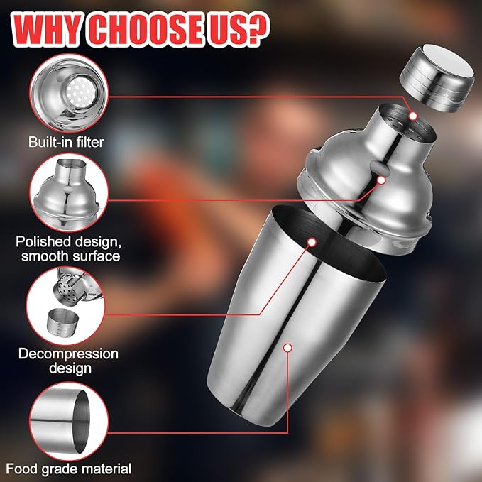 Nitial 6 Pcs Bar Cocktail Shaker Professional Stainless Steel Martini Drink Mixer with Built-in Strainer for Bartending No Leaks Boston Shaker for Bar Party Drink Mixing Tool(18.6 oz,Silver)