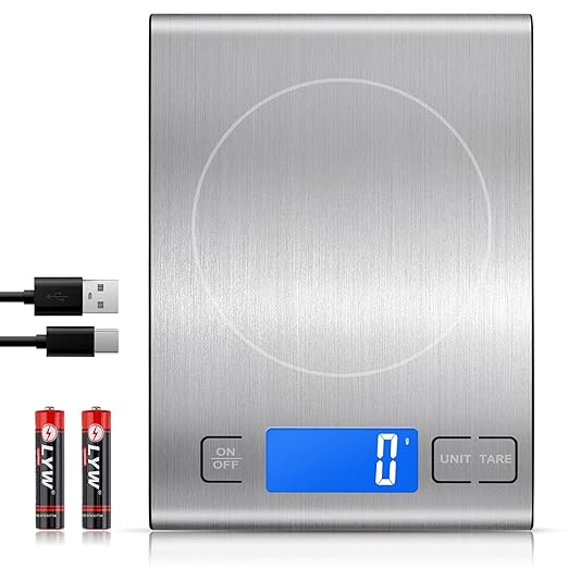 33lb Rechargeable Food Scale, Diyife 304 Stainless Steel Digital Kitchen Scale with 3 Buttons, Weight Grams and Ounces for Baking, Cooking, 5 Units with Tare Function, LCD Display, 2 AAA Batteries