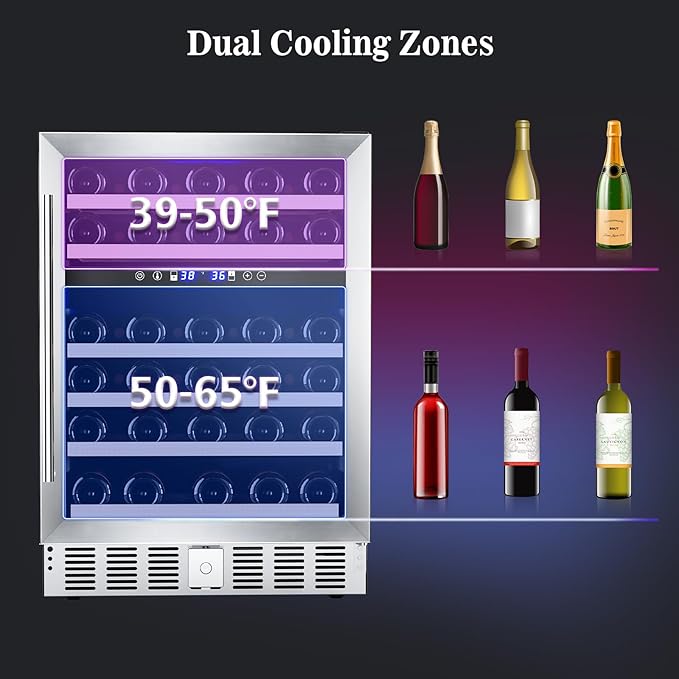 52 Bottle Wine Fridge with Lock, 24 Inch Wine Refrigerator for Red, White, Champagne, Beer, Dual Temperature Zone, Built-In or Freestanding, Wood Shelves, Stainless Steel Glass Door