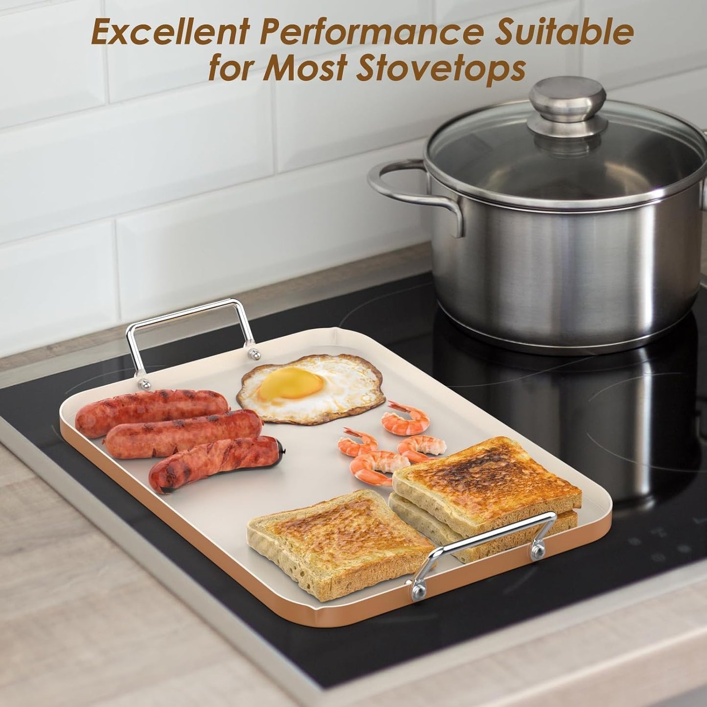 17.7" x 13" Burner Griddle Pan for Stove Top Oven, Stainless Steel Handles, Non Stick Ceramic Griddle Pan Griddle Skillet, PTFE Free PFOA Free