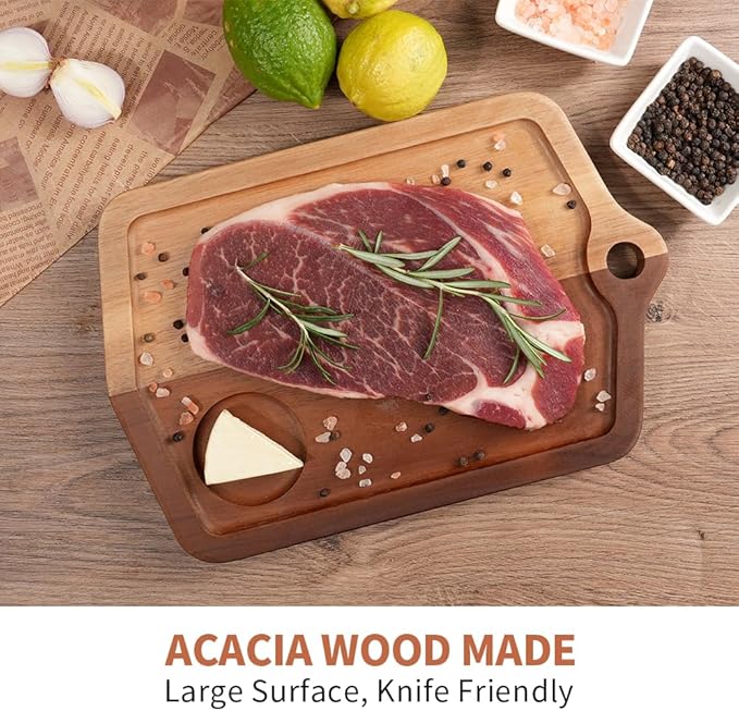 Acacia Wood Cutting Board 12 x 8 In, Wooden Cutting Boards for Kitchen Non Toxic Dishwasher Safe Non Slip, Small Cutting Board for Meat, Charcuterie, Chopping